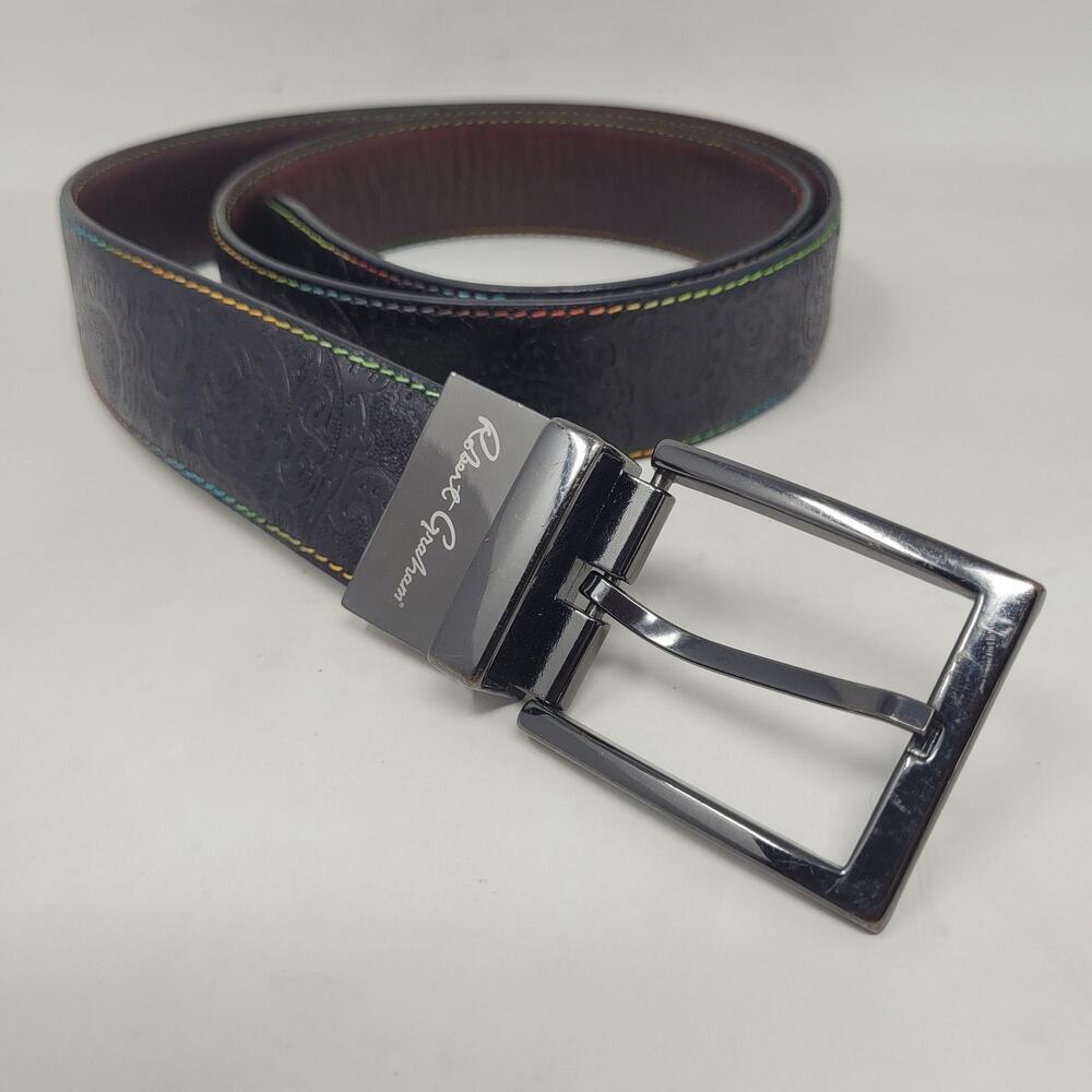 Robert Graham Belt 34 Black Leather Reversible Paisley Dress Colorful Stitching